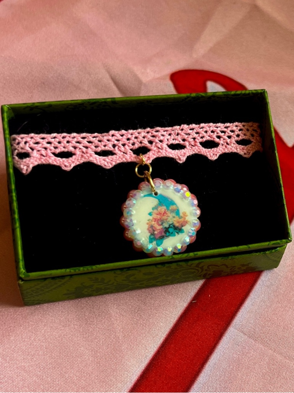 Pink Crochet Choker Necklace with Floral Pendant